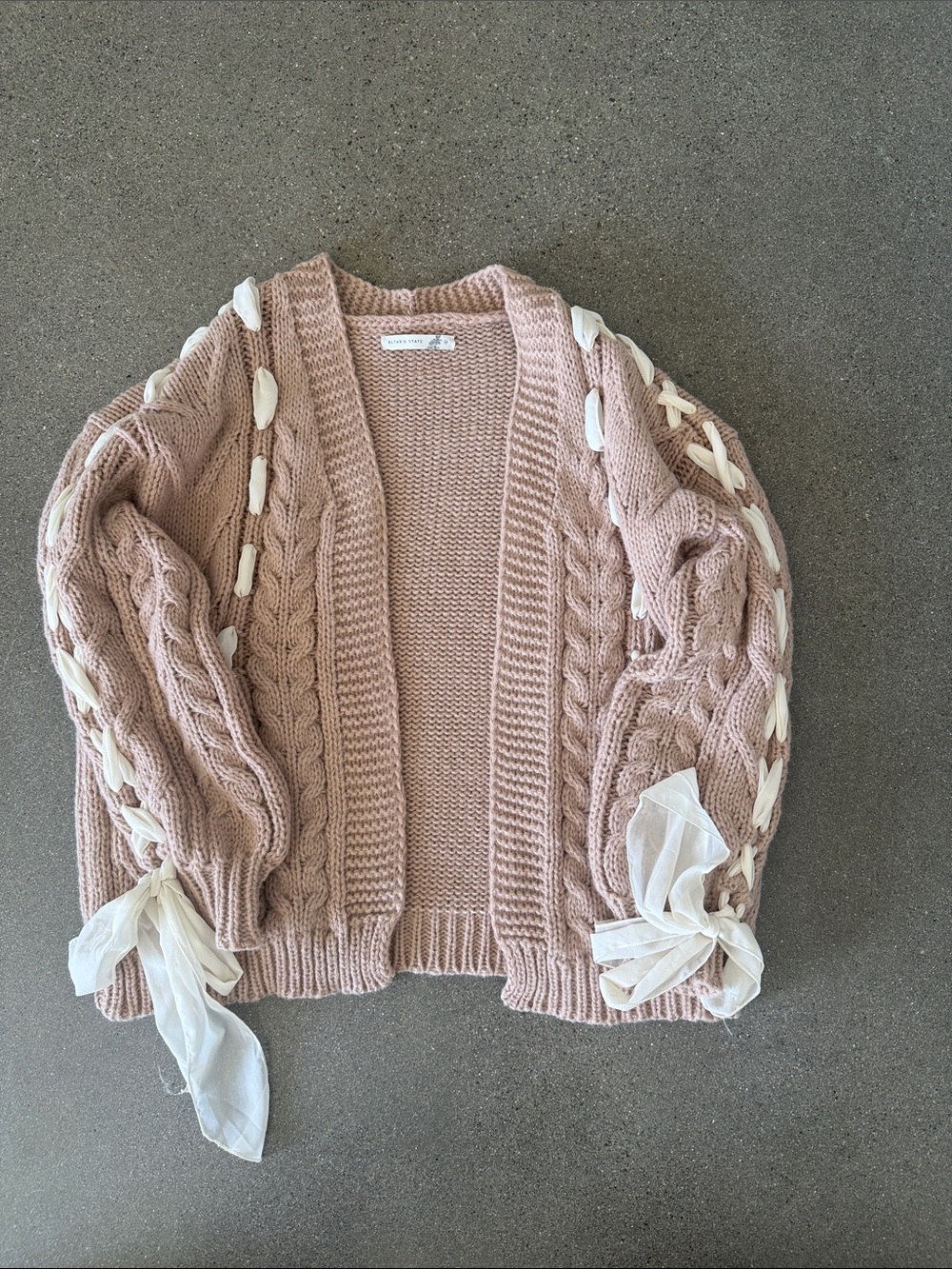 Altar'd State Blush Pink Cable Knit Open Cardigan with Ribbon Accents